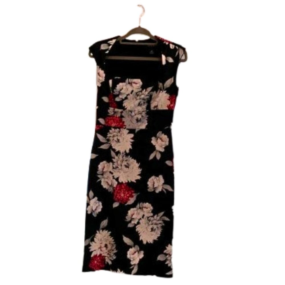 White House Black Market Black Floral Sheath Dress with Red Accents